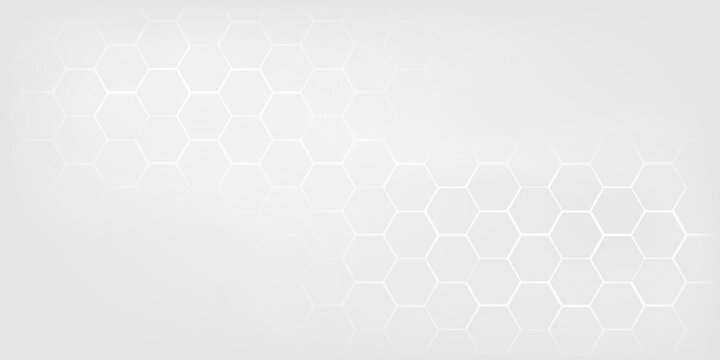 Abstract white and grey hexagonal pattern background design. Modern simple overlapping hexagon geometric element with molecular structures. Medical science technology concept