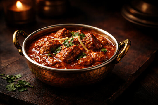 Lamb rogan josh in brass bowl  moody restaurant lighting 