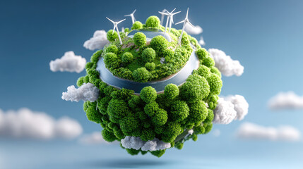 Green planetary sphere showcasing sustainable ecosystem with abundant trees, a flowing river, and active wind turbines generating clean, renewable energy for environmental preservation