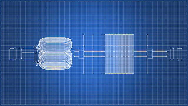Electric Motor Rotor Exploded View - Blueprint Technical drawin. 3D rendering isolated on blue background. 3D Mesh, Sketch, Vector style or Drawing. Ideal for educational, engineering