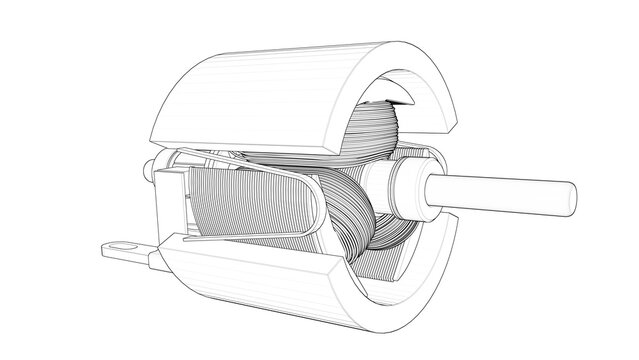 Electric Motor Rotor and magnets - Blueprint Technical drawin. 3D rendering isolated on white background. 3D Mesh, Sketch, Vector style or Drawing. Ideal for educational, engineering