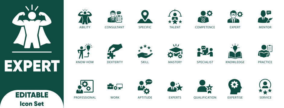 Expert Solid icon set. knowledge, skill, specialist, Containing advice, Solid vector icons.