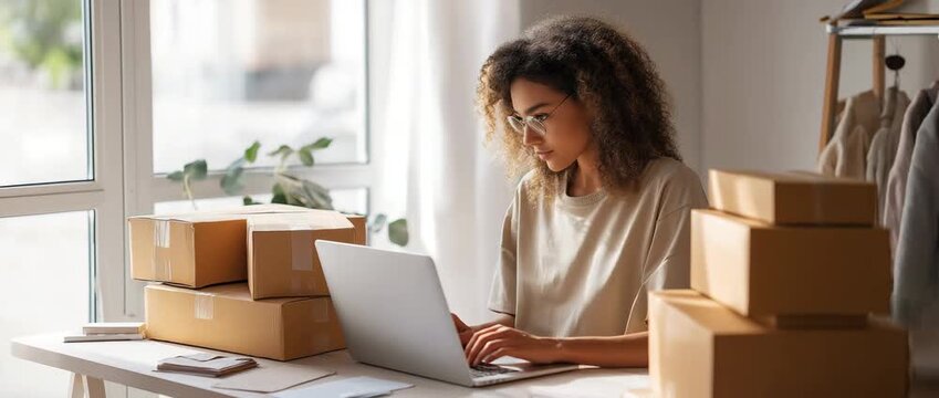 Small business owner managing online orders, e-commerce, order processing