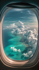 Fototapeta premium takeoff view from an airplane window - islands and ocean with clouds