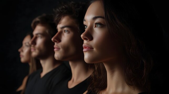 A group of young adults in profile view looking forward with thoughtful expressions against a dark background