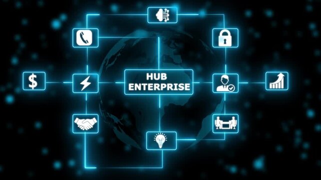 Smart technology network interface with digital connections neon hub enterprise concept with connected technology icons..