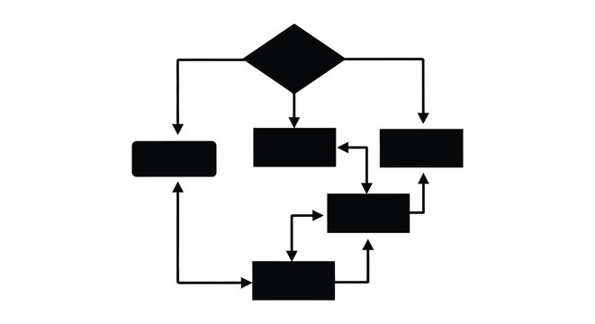 A black and white diagram displaying a flowchart with various shapes and arrows a striking silhouette high quality professional detailed modern