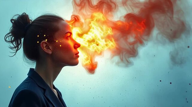 Businesswoman profile with fiery explosion bursting from face, eyes closed, emotional burnout concept, blue background, digital art, concept of stress, mentalhealth, psychology