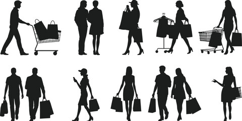 Shopping people silhouette vector set, men and women with bags and cart retail consumer lifestyle illustration isolated on white © Sophia Creatives