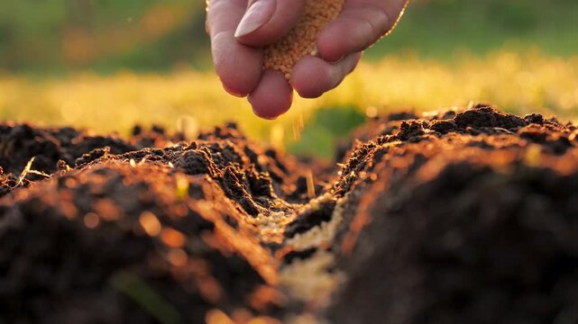 Sunset hand sowing seeds into soil. Warm golden backlight at spring. Prepared furrow and rich earthy texture, slow gentle release of tiny seeds. Home gardener tending organic plot