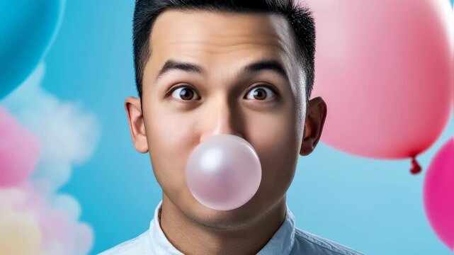 Static shot of man blowing and popping bubble gum in colorful balloon party studio backdrop with pastel clouds