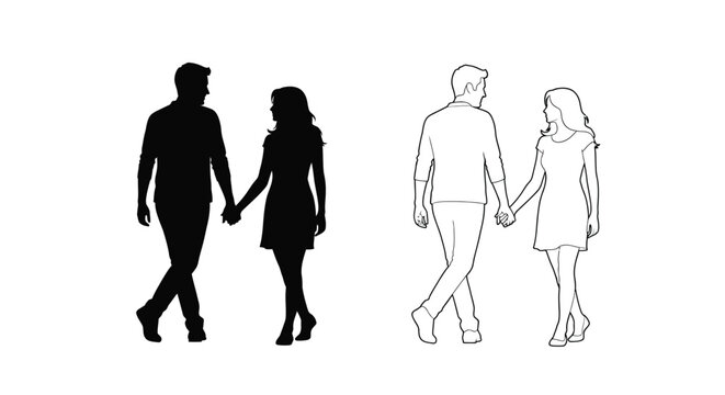 Couple walking hand in hand presented in both solid and outline silhouette
