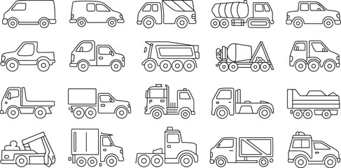 Truck and delivery vehicle outline vector set, cargo van, pickup, tanker, dump and utility transport collection isolated on white © Sophia Creatives