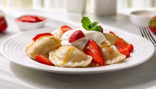sweet pierogi dumplings with strawberries whipped cream and honey glaze served on a white plate in a bright kitchen interior
