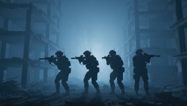 Shadows of Valor: Armed soldiers move cautiously through a ruined cityscape, weapons raised in a testament to valor amidst destruction. A chilling atmosphere underscores the weight of their duty.