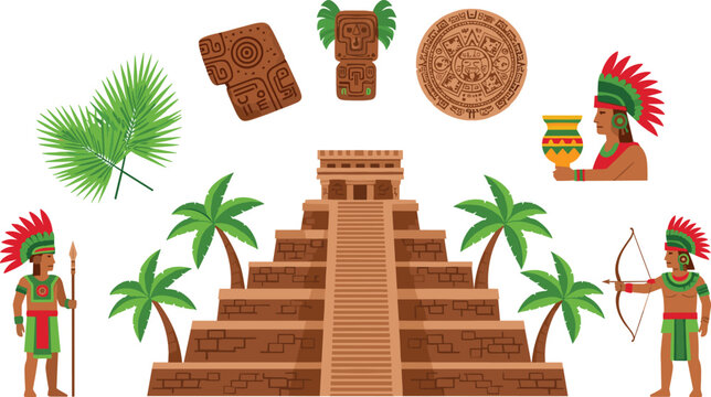 Mayan Civilization Vector Illustration Set Featuring Ancient Pyramid Temple, Aztec Calendar, Tribal Warriors, Palm Trees, and Pre Columbian Cultural Symbols