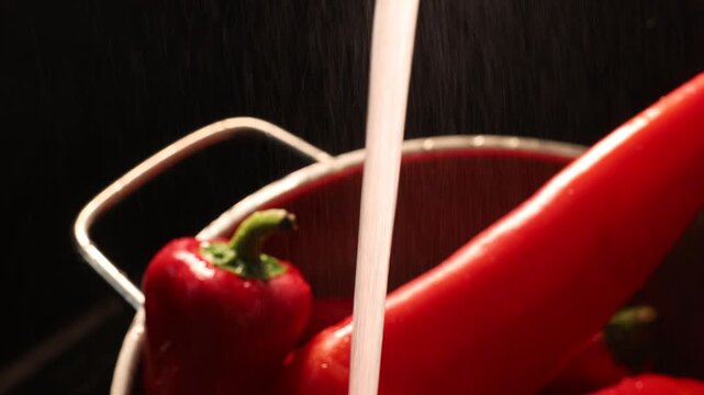 Stockholm, Sweden A cook rinses bell peppers in a colander under the faucet in a sink. 