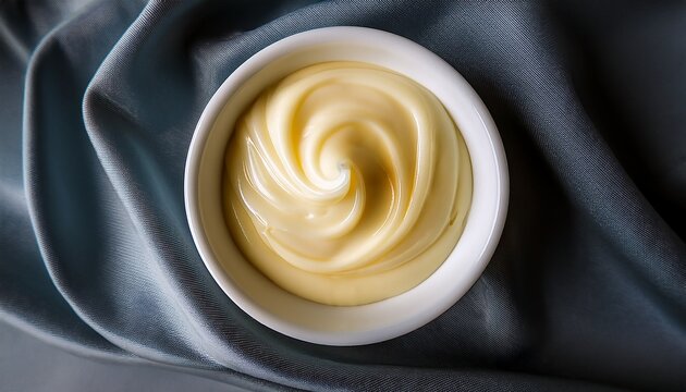 rich and creamy vanilla custard in a white bowl with soft swirls smooth texture and elegant presentation on a silky fabric background for food photography