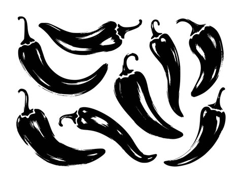 Black Chili Pepper Silhouettes Brush Stroke Style Isolated White Background