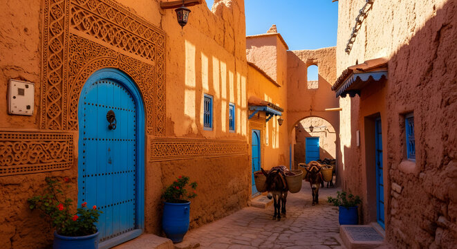 A narrow sun-drenched alleyway in a historic town with distinctive ornate doorways and donkeys carrying baskets
