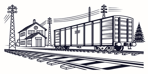 Vintage train station with boxcar and passenger car in black and white © Mamun