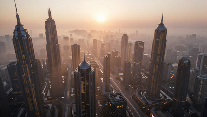 Obraz premium Futuristic city. Sci fi architecture and buildings. Future concept. Aerial view, 4K. AI generated.