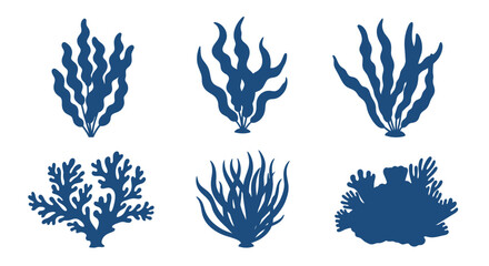Stylized blue seaweed arrangements in a symmetrical composition silhouette © MALA