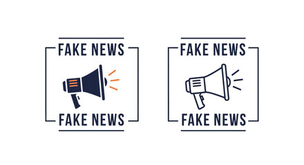Two rectangular frames display a megaphone announcing fake news silhouette
