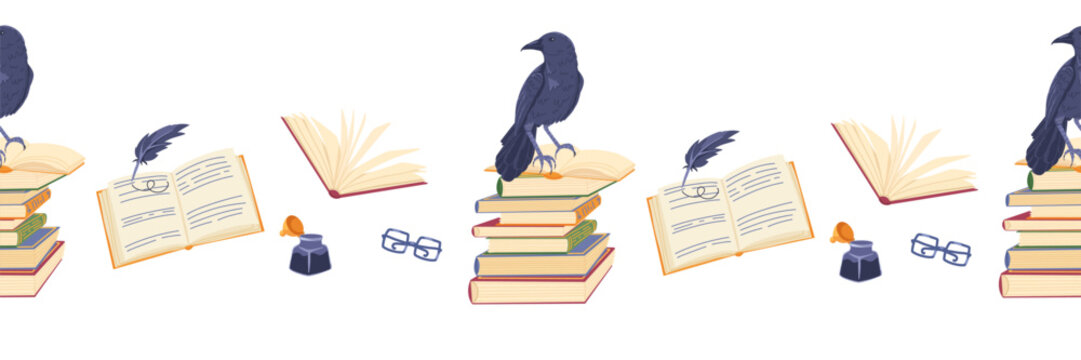 Seamless border frame with vintage books stack, open pages, feather quill, ink bottle, raven. Gothic reading, writing adhesive tape in dark academia style. Illustration for wrapping, scrapbooking