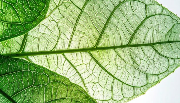 A detailed view of a semi-transparent green leaf with intricate vein patterns against a bright, almost white background