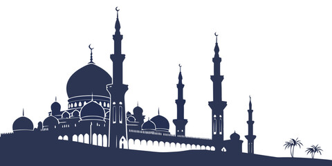 Silhouette of a mosque with minarets and domes at sunset © Mamun