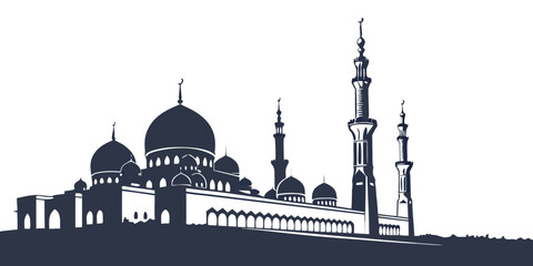 Silhouette of an iconic mosque with intricate architectural details and minarets © Mamun