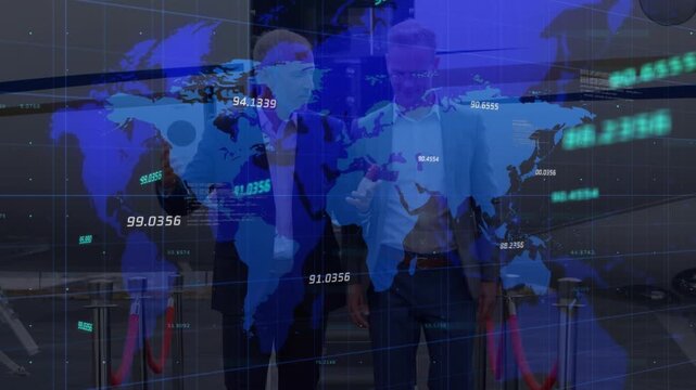 Animation of world map over two diverse business people