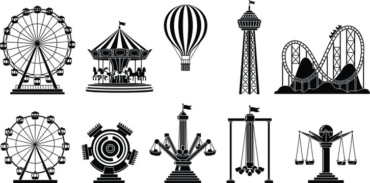 Amusement Park Ride Silhouette Icon Set Featuring Ferris Wheel, Roller Coaster, Carousel, Drop Tower, and Carnival Attractions in Black Vector Style