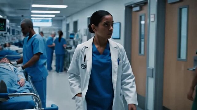 Female Doctor Leading Medical Team in Busy Hospital Emergency Room