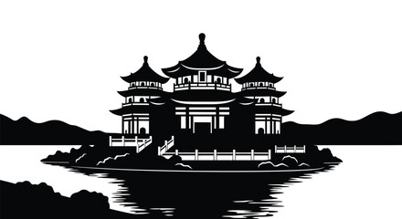 Obraz premium Asian temple, pagoda, black silhouette, water landscape, architecture icon