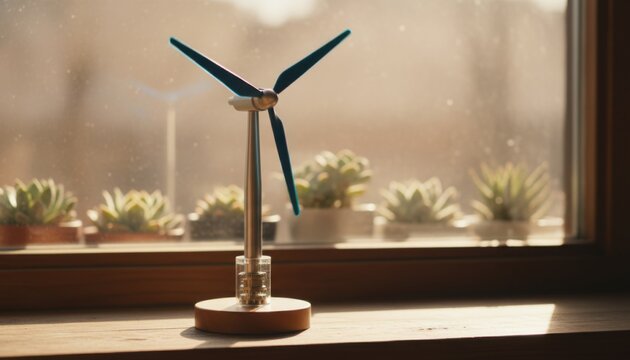 Miniature wind turbine model with blue blades catching sunlight on a windowsill