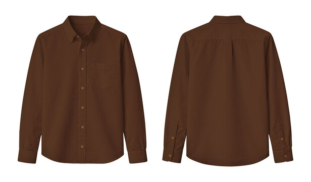Blank Brown Long Sleeve Button-Up Shirt Front and Back View Mockup Isolated on Transparent Background