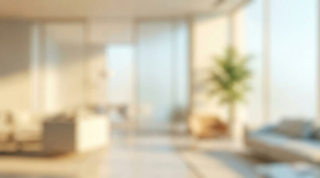 Peaceful blur background of modern home interior. bright light from large window illuminates empty living room, creating serene and calm atmosphere