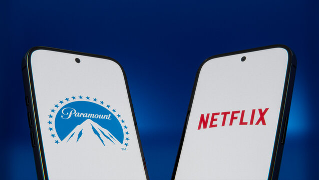 Paramount vs Netflix Logos on Phones, Streaming Studio Comparison, 3D Rendered