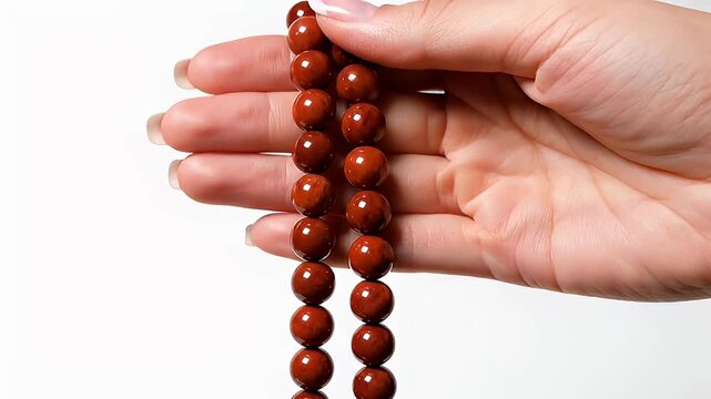 Close-up of a woman's hand holding a string of polished red jasper prayer beads or mala