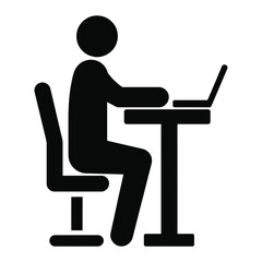 Business professional working on laptop at desk sitting on chair silhouette icon representing office work or remote freelance