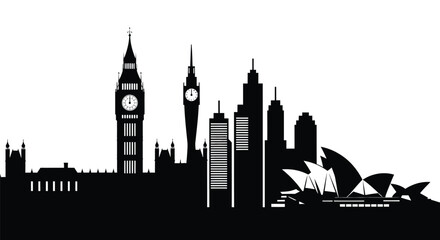 Fototapeta premium Global City Skyline Silhouette with World Landmarks, London Big Ben and Sydney Opera House Vector Illustration on White Background