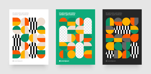 Layout with mosaic circles. Abstract bauhaus with geometric shapes. Template for flyer, poster or booklet. 