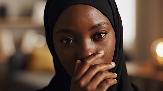 Close-up of a young Black Muslim woman wearing a hijab, covering her mouth with her hand, looking