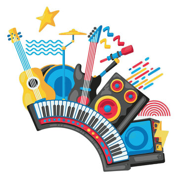 Colorful musical instruments and sound equipment arranged dynamically Keywords: music, instruments, sound, equipment, guitar