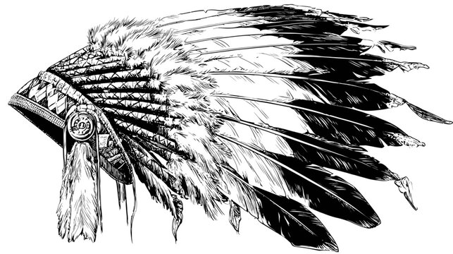 A detailed monochrome depiction of a headdress with intricate feathers and decorative elements