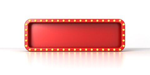 Red retro light signboard or blank retro shining billboard long signboard with glowing yellow neon light bulbs isolated on the white ground background with shadow and reflection 3D rendering
