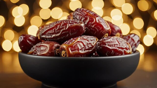 Close-up of Fresh Ripe Dates in a Black Bowl on a Slate with Soft Bokeh Lights Background