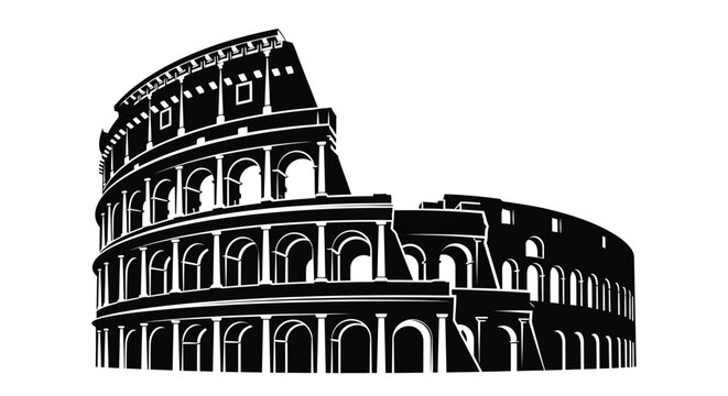 Colosseum Rome Italy Landmark Silhouette Vector Illustration, Ancient Roman Amphitheater Icon Isolated on White Background